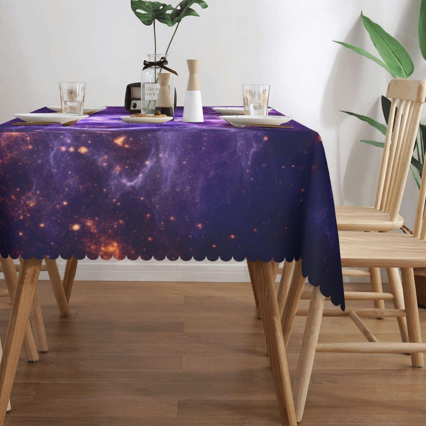 GOUROISE Galaxy Starry Night Sky Stars Rectangular Tablecloth, Galaxy Universe 54x72 Inch Wavy Lace Border Polyester Table Cloth for Dining, Kitchen, Parties