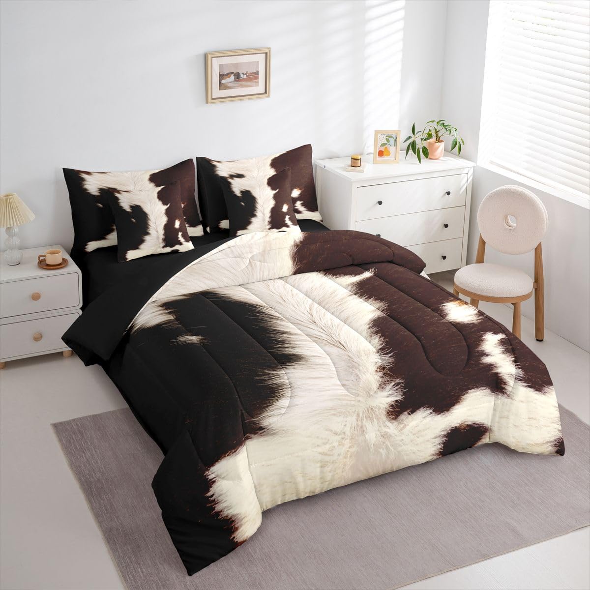 Erosebridal Cow Print Twin Bedding Set 7 Piece for Boys Western Cowhide Bed in A Bag for Kids Teens Youth Adult Animal Skin Comforter Set with Sheetrustic Farmhouse Bed Sets