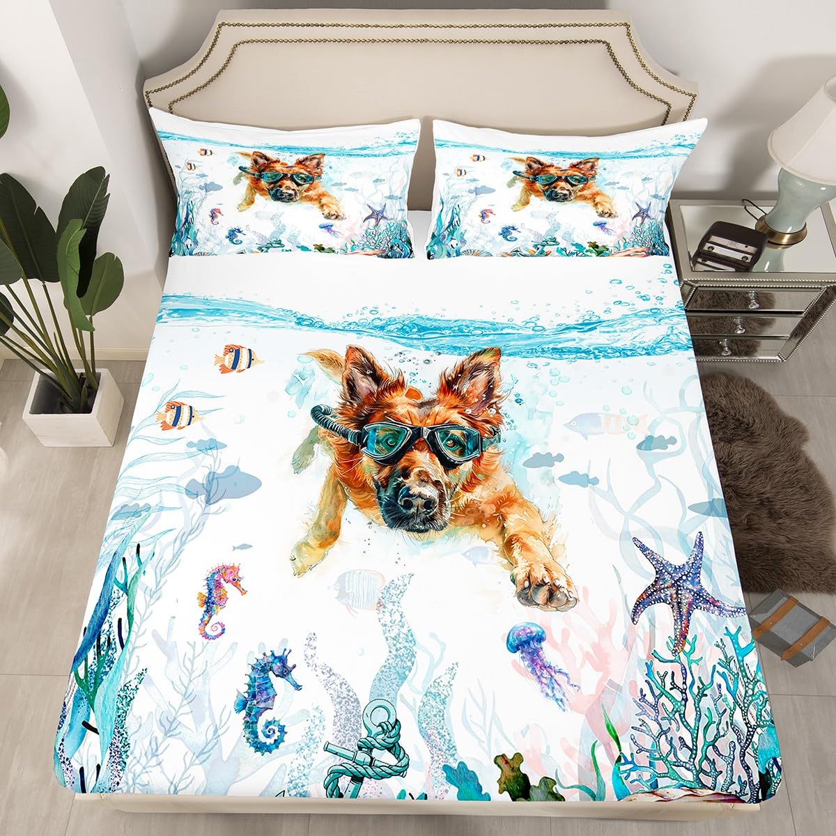 Feelyou Cute Dog Bed Sheet Set Twin Size German Shepherd Fitted Sheet for Kids Boys Girls Room Decor Ocean Bedding Set Puppy Dog Bed Cover Deep Pocket Bed Set