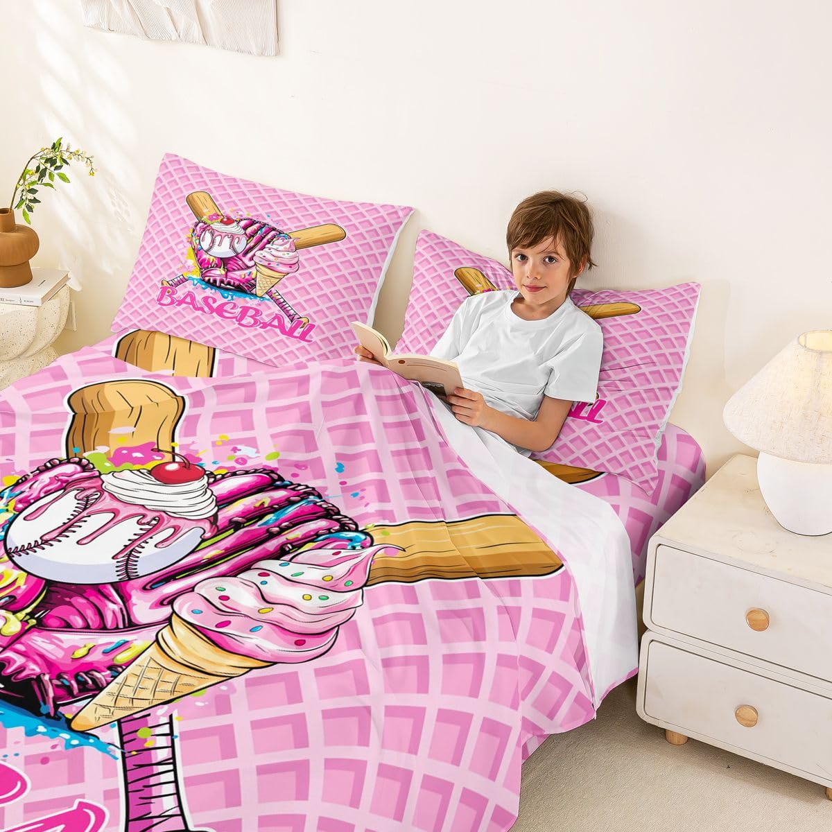 Homewish Baseball Ice Cream Drip Kids Sheet Full Size,Baseball Bat Gloves Ball Sport Competition Bedding Set, Biscuit Cherry Dessert Softball Kids Room Decor,Pink Sheet(Fitted+Flat+2 Pillowcases)