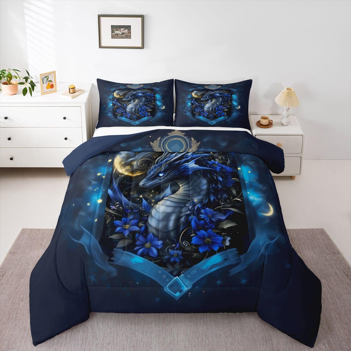 Feelyou Dragon Bedding Set Soft for Boys Girls, Wild Life Comforter Set Twin Size Jungle Dragon Duvet Quilt Microfiber Wild Animal Bedroom Decor Dull Blue 2 Pcs with 1 Pillow Cases