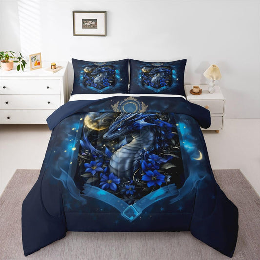 Feelyou Dragon Bedding Set Soft for Boys Girls, Wild Life Comforter Set Twin Size Jungle Dragon Duvet Quilt Microfiber Wild Animal Bedroom Decor Dull Blue 2 Pcs with 1 Pillow Cases