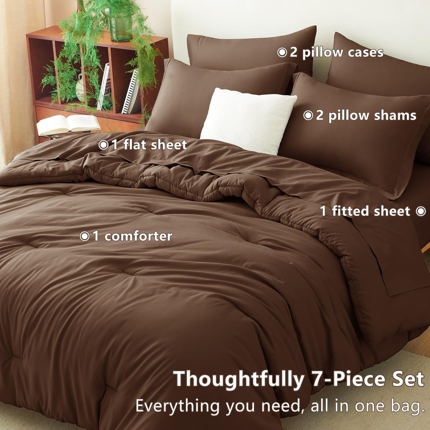 CozyLux King Size Comforter Set Brown, 7 Pieces Bed in a Bag King Comforter Set with Sheets, Luxury Soft Bedding Sets with Down Alternative Comforter, Fitted Sheet, Flat Sheet, Pillowcases & Shams