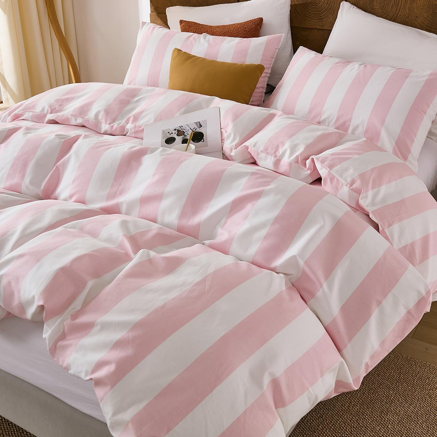 Merryword Pink and White Striped Comforter Set King Size, 100% Cotton Reversible Comforter Set 3 Pcs, Luxury Linen Like Bedding, Soft Breathable Lightweight Comforter for All Seasons