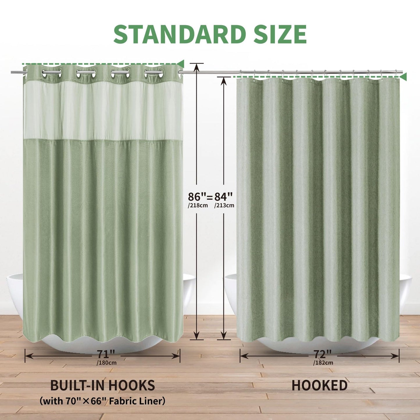 eachope Extra Long No Hook Shower Curtain with Snap-in Fabric Liner Set, Waffle Weave Shower Curtains for Bathroom,Hotel Luxury Decor Bathroom Curtain Set,Waterproof & Washable,71Wx86H,Sage Green