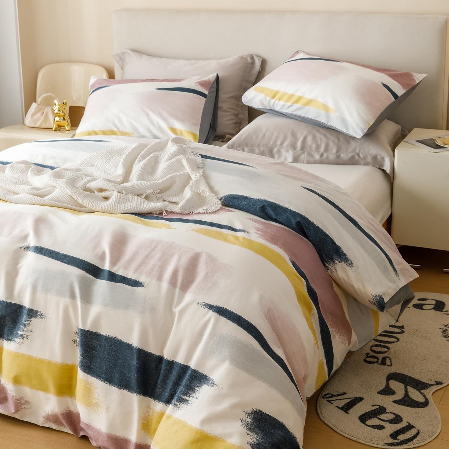 SUSYBAO Reversible Striped Duvet Cover Queen 100% Cotton 3 Pcs Set 1 Artistic Graffiti Geometric Duvet Cover with Zipper Ties 2 Pillowcases Aesthetic Abstract Blue Yellow Stripe Bedding Set Soft
