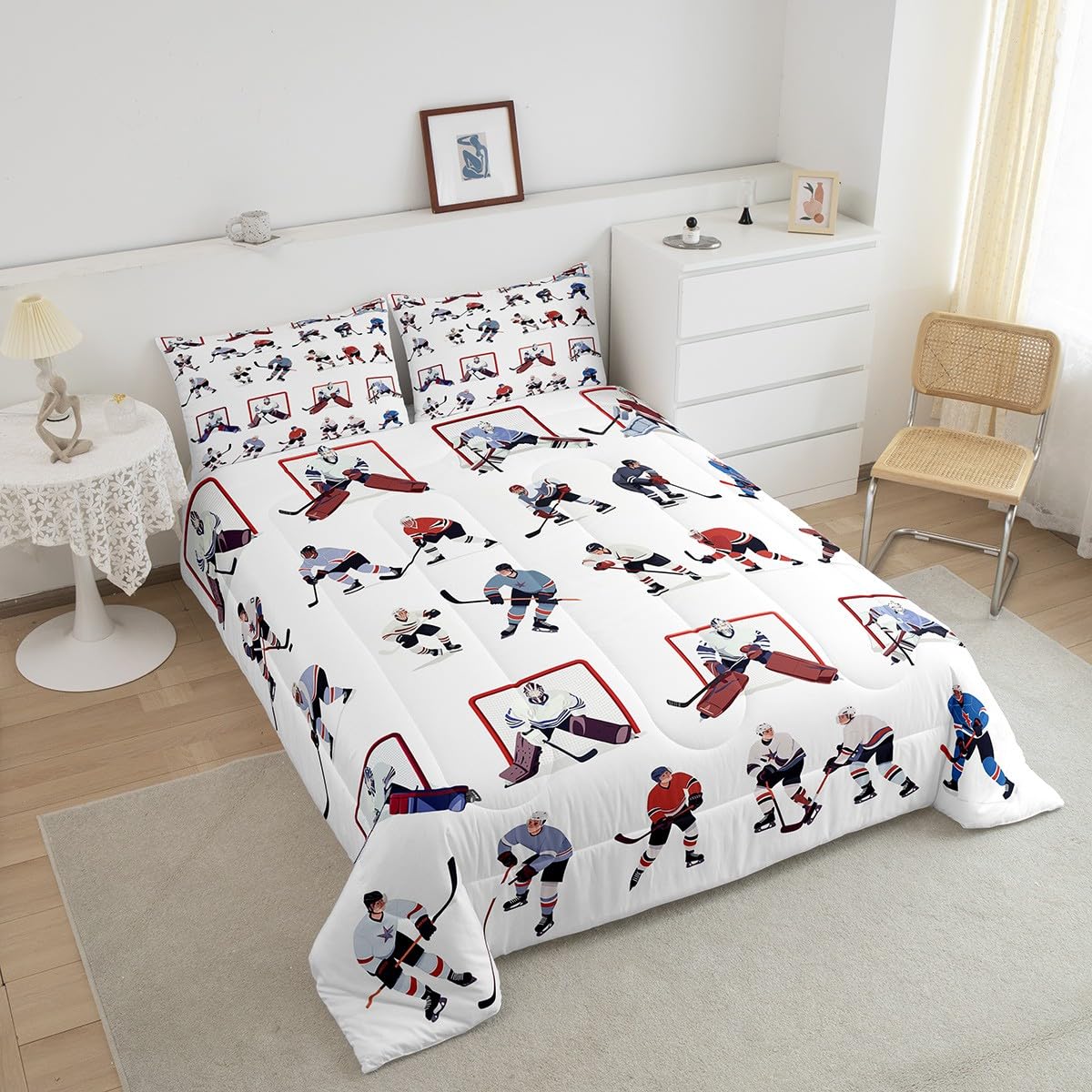 Feelyou Ice Hockey Bedding Set Kids Sports Event Comforter Set Hockey Player Comforter for Boys Room Decor Lightweight Duvet Set Twin with 1 Pillow Case