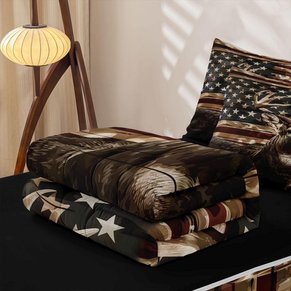 Feelyou American Flag Comforter Set Full Deer Hunting Zipper Bedding Set for Kids Boys Girls Nature Wildlife Bed in a Bag Microfiber with 2 Pillow Cases