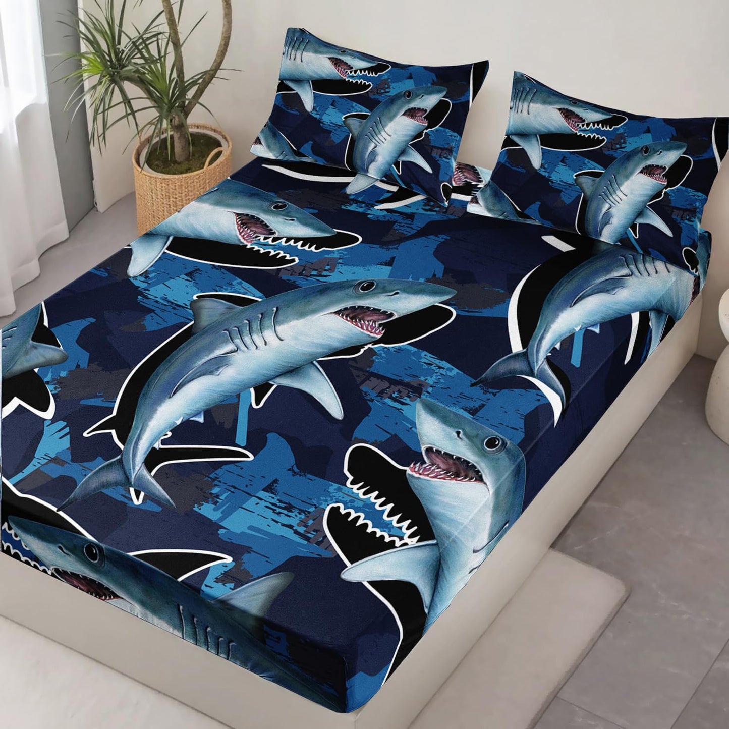 HOSIMA Blue Shark Fitted Sheet Set for Adults Kids,Cartoon Shark Pattern Bedding Set Full Size,Blue Ocean Animal Themed Fitted Sheet Set for Boys Room Decor,1 Fitted Sheet+2 Pillowcases.