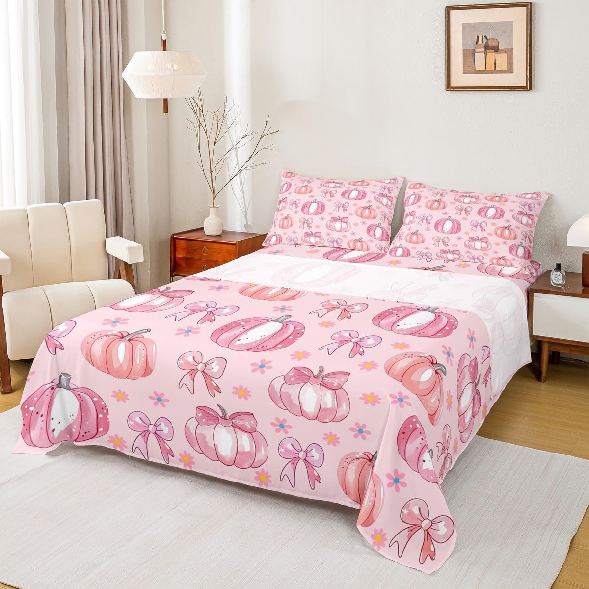 Feelyou Halloween Theme Bed Sheets Set Full Size Pumpkin Lantern Deep Pocket Fitted Sheet Pink Bow Bedding Sets Cute Floral Soft Bed Set 4Pcs with 2 Pillow Cases