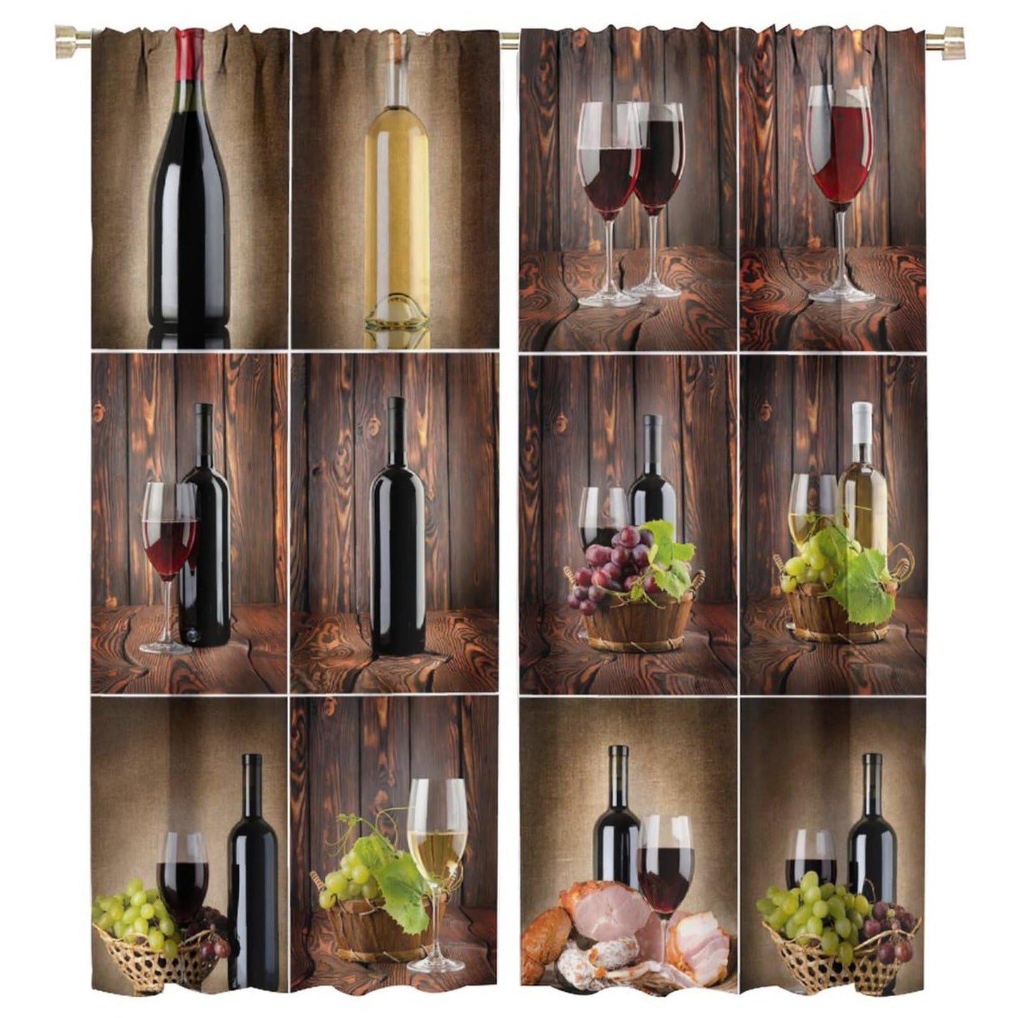 BenYaSong Wine Decor Window Curtain Wine Themed Collage on Wooden Backdrop with Grapes and Meat Rustic Country Drink for Home Kitchen Livingroom Coffee Room Window Curtain Drapes 2 Panels 42x45 Inch