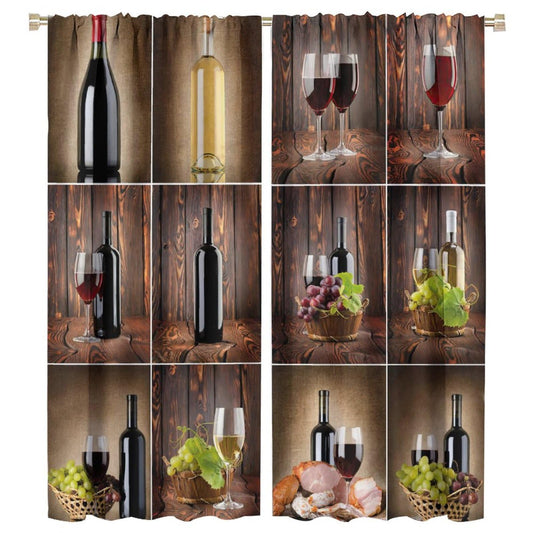 BenYaSong Wine Decor Window Curtain Wine Themed Collage on Wooden Backdrop with Grapes and Meat Rustic Country Drink for Home Kitchen Livingroom Coffee Room Window Curtain Drapes 2 Panels 42x45 Inch
