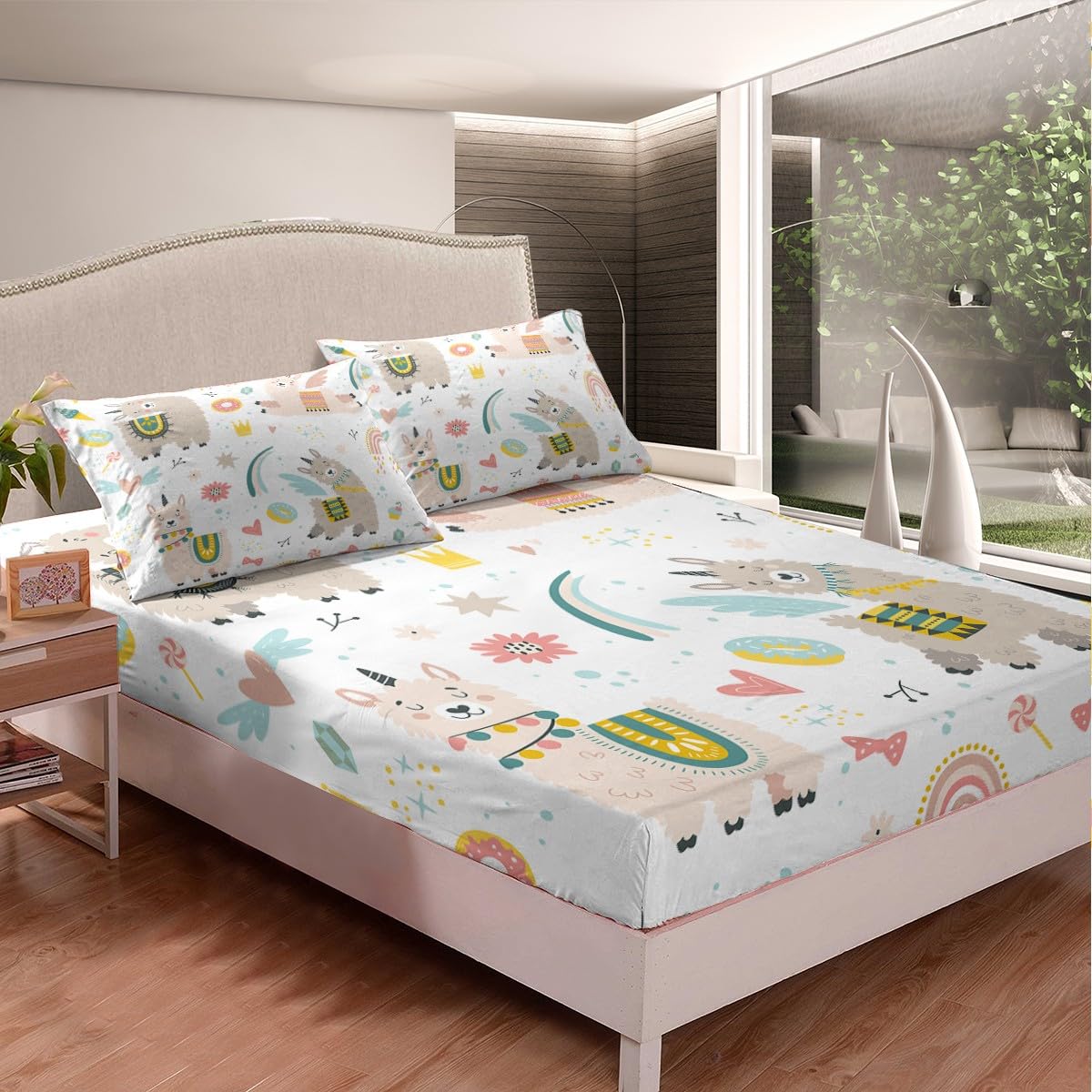 Feelyou Llama Alpaca Fitted Sheet Kids Cute Llama Donuts Bedding Set Cartoon Llama Alpaca Bed Sheet Set for Boys Girls 3D Animal Theme Bed Cover Children Sweet Dessert Room Decor Twin Size