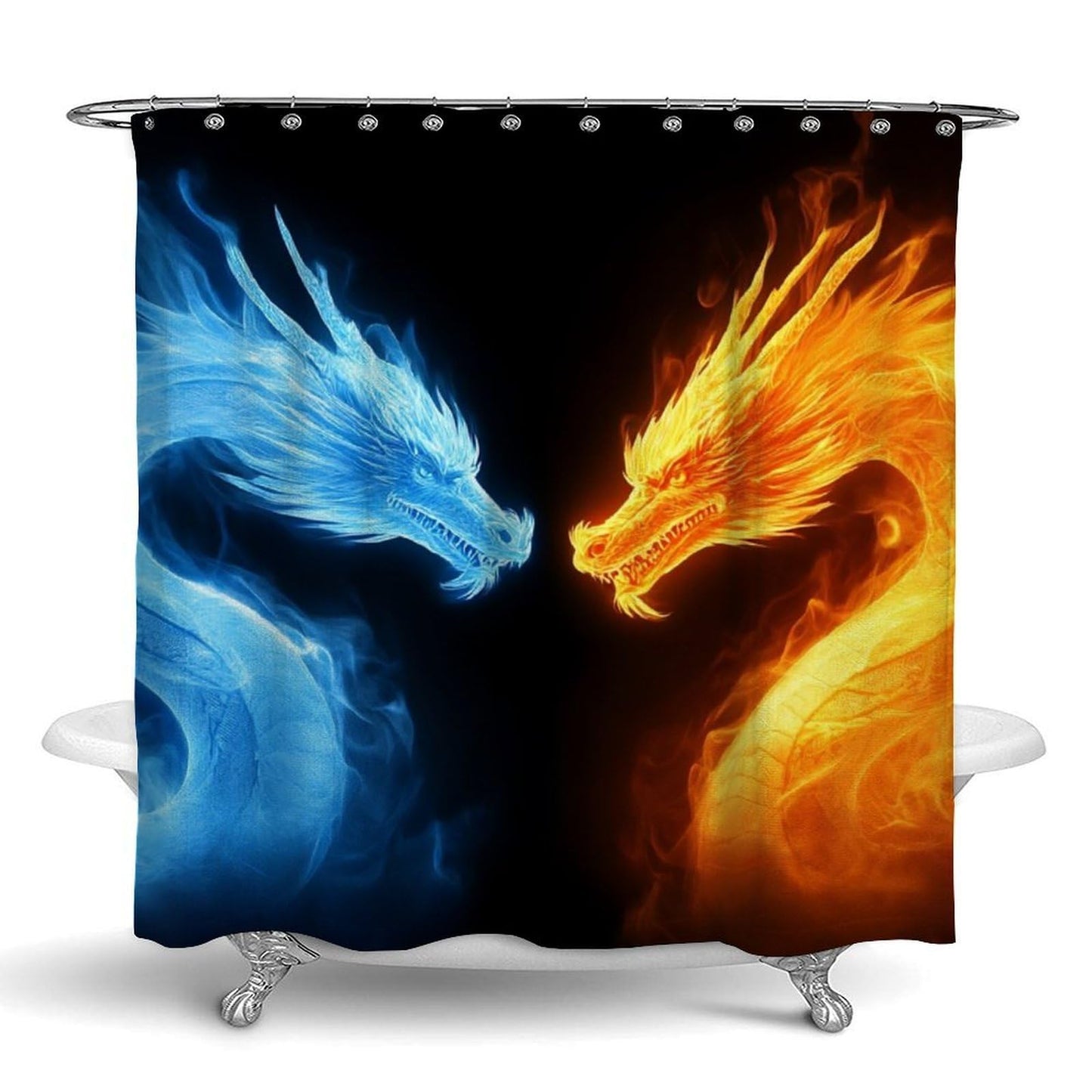 Meaudiwes Luxury Waterproof Shower Curtain Lightweight Fabric Hotel Style Bathroom Decor, 72"x 70" Ice Blue and Red Fire Flame Dragon