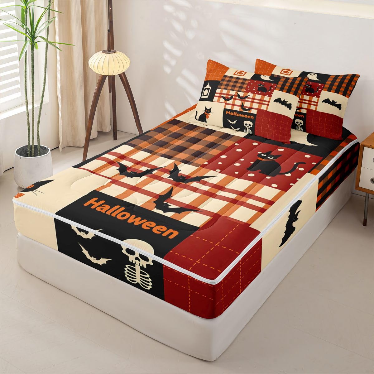 Feelyou Halloween Queen Zipper Bedding Set Pumpkin Kids Comforter Set with Fitted Sheet and 2 Pillowcases Brown Grid Patchwork Bed in a Bag Zip Up Bedding Soft Microfiber