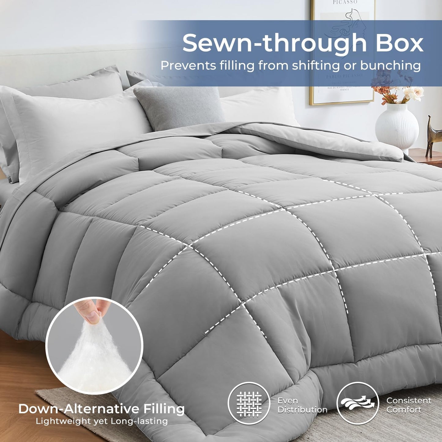 Sasttie Queen Comforter Set, 7 Pieces Bed in a Bag Queen, Complete Bedding Set Includes Comforter, Flat Sheet, Fitted Sheet, Pillowcases and Pillow Shams, Ivory & Light Grey