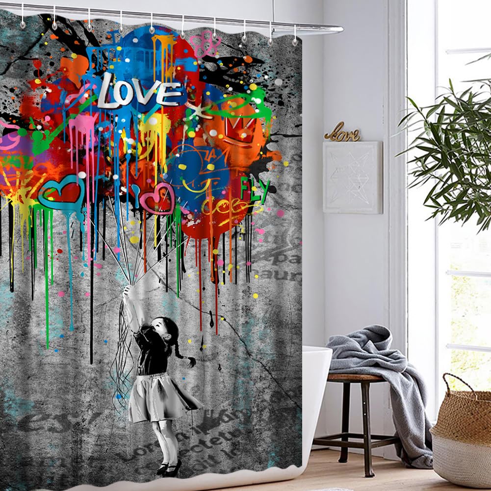 Graffiti Shower Curtain Banksy Teens Girls Colorful Bathroom Decor