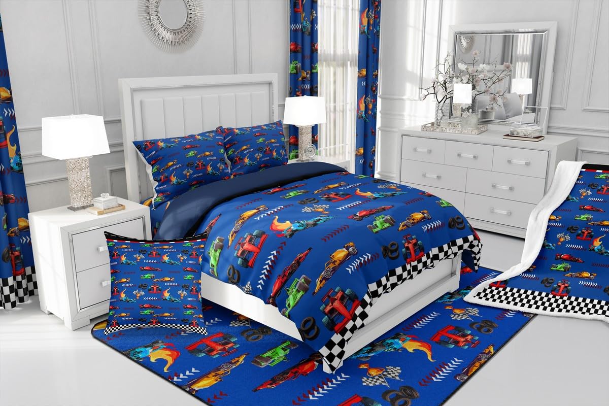 jejeloiu Blue Race Car Twin Comforter Set with Sheets for Kids Boys Girls Speed Sports Car 7 Pieces Bedding Set Extreme Sports Bed in a Bag Room Decor Soft Lightweight Microfiber