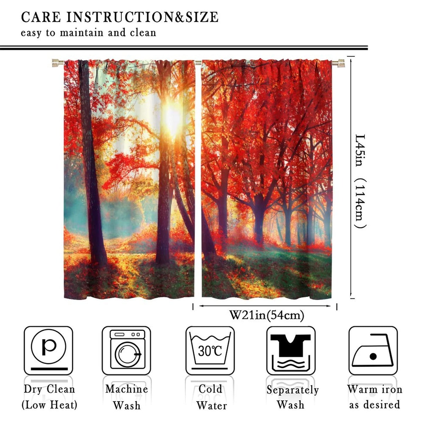 Tree Curtains - Autumn Foggy Park Autumn Nature Scenery Forest Maple Tree Sunshine, Living Room Bedroom Kitchen Decorative Curtains 2 Sets Panel, 42x45 Inch. Orange Yellow