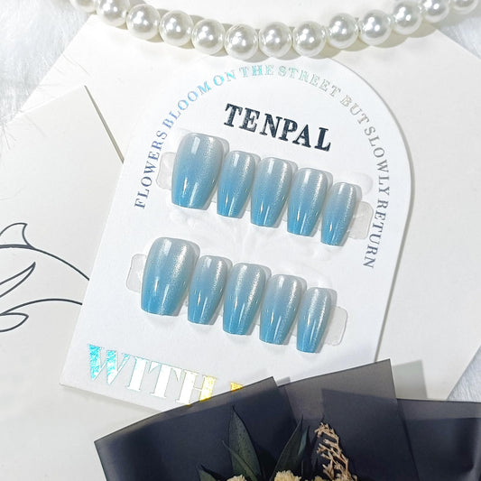 TENPAL 10Pcs Handmade Press On Nails Medium Coffin,Icy Blue Cat Eye Ombre Fake Nails w/Crystal Shimmer,Salon Quality Soft Gel Manicure Set w/Tools,Glossy Acrylic Nails for Daily Wear & Vacation(XS)