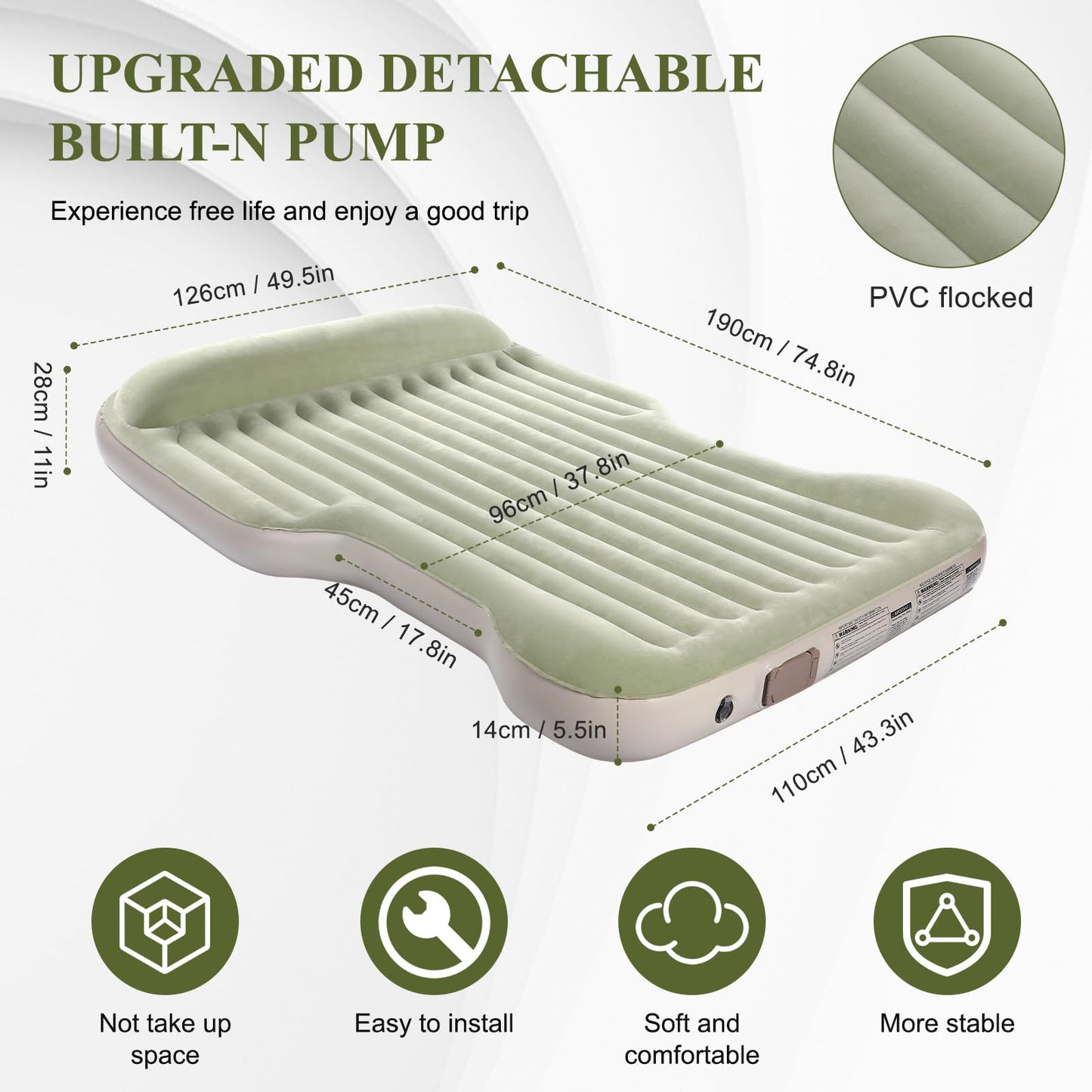 KMZ Inflatable SUV Air Mattress Thickened Flocking with Built-in Pump Self-Inflating Portable Sleeping Travel Bed Pad for SUV Truck Fast Inflation and Deflation (Green)