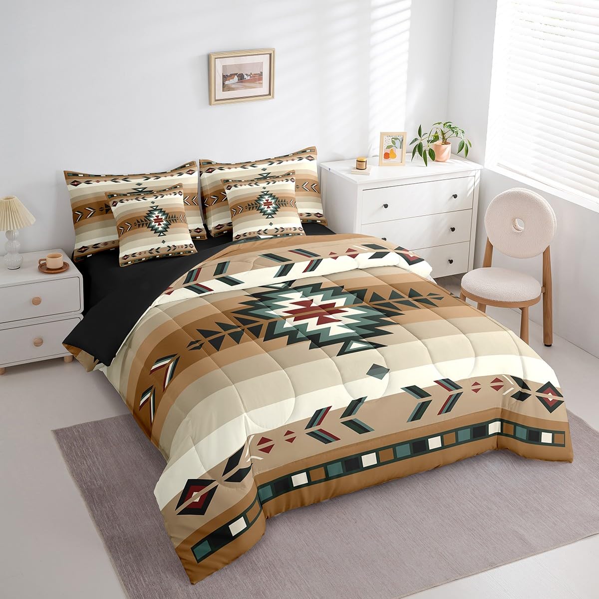 Feelyou Queen Size Southwest Native Design 7 Piece Bedding Set Southwestern Geometric 7 Piece Bedding Set Tribal Bed Set Includes Comforter, Sheet Set, Pillowcases & Pillow Covers Beige