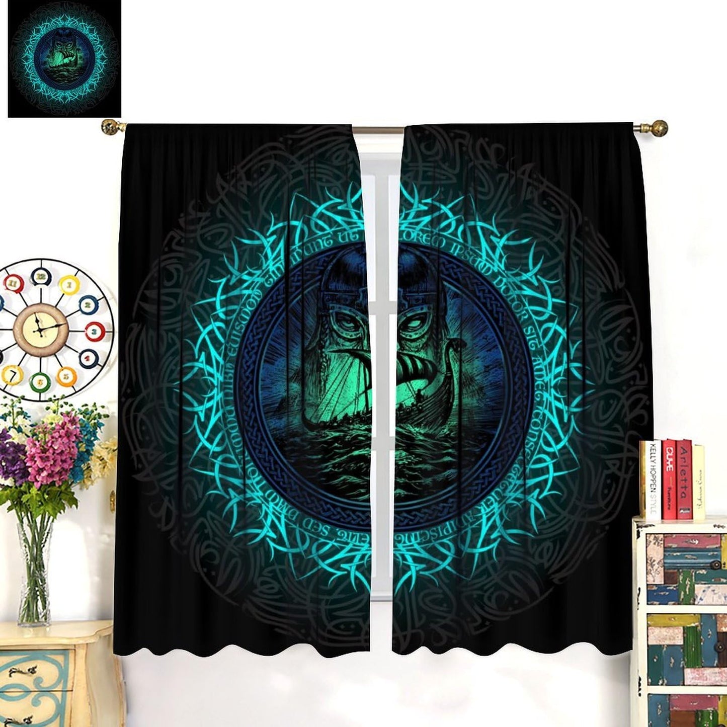 Norse Viking Theme Curtains, Abstract Ancient Vikings Pirate Boat Mystical Nautical Symbol Rod Pocket Window Drapes, for Bedroom Living Room 42" W X 45" L (Decorative)