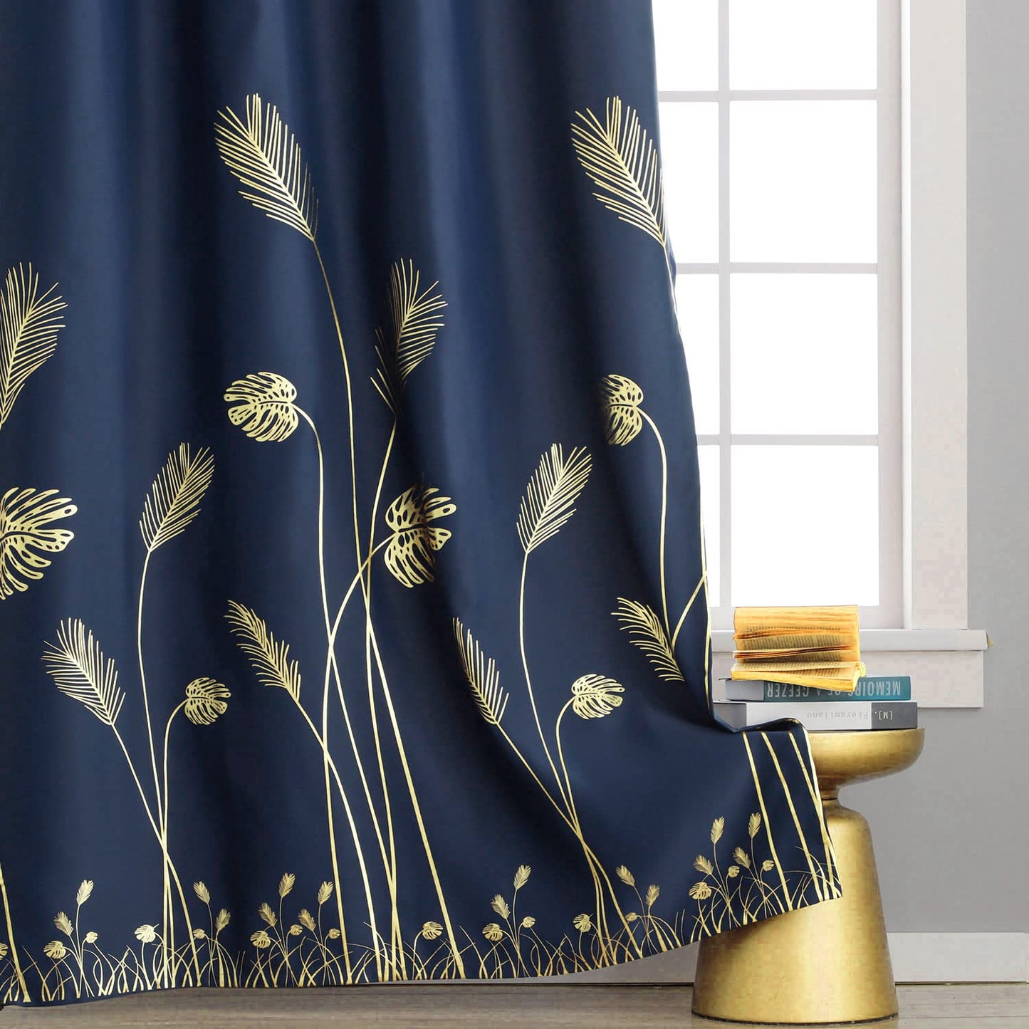Estelar Textiler Navy Blue Blackout Curtains for Living Room 84 Inch Length 2 Panels Set, Gold Palm Leaves Printed Window Drapes, Energy Saving Curtains for Bedroom, 52Wx84L