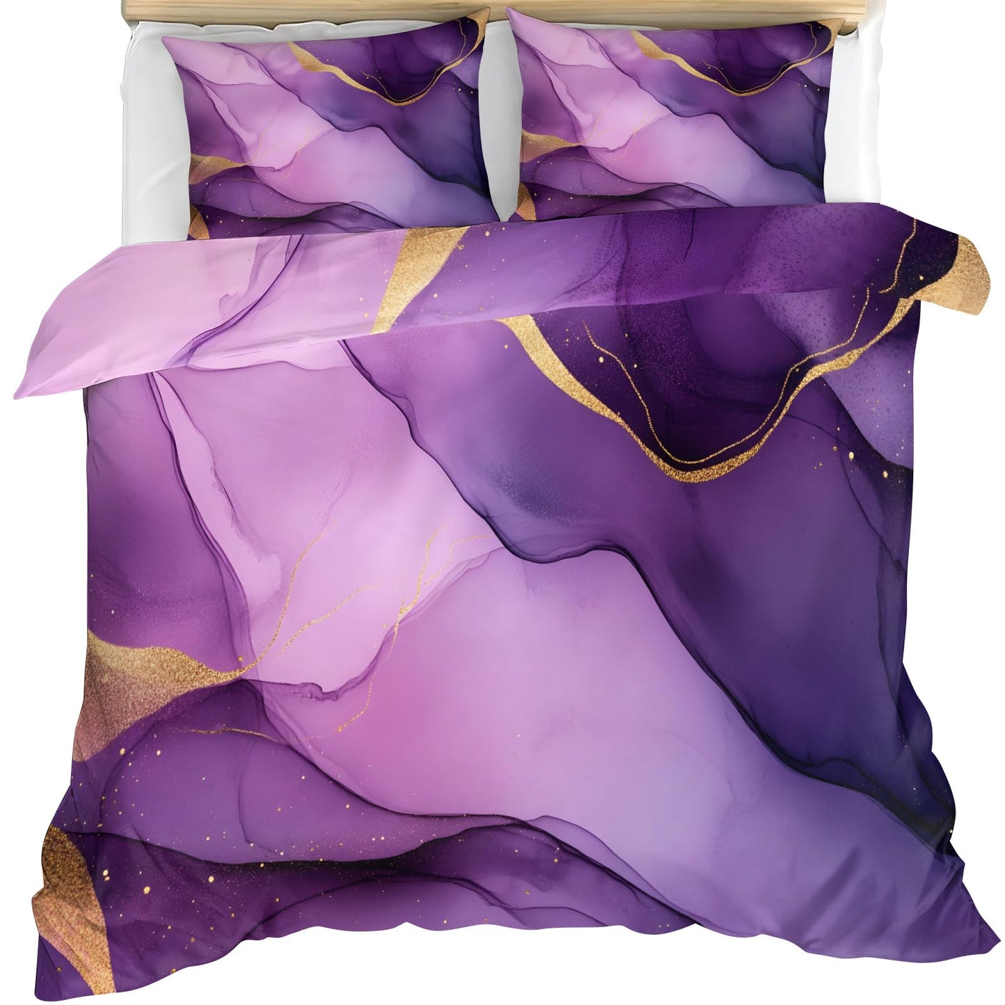 GKPLY Marble Bedding Sets - Alcohol Ink Pattern Duvet Cover Queen - Luxury Abstract Gold Comforter Cover with 2 Pillowcases & Zipper - 3 Pieces Purple Pink Bedding
