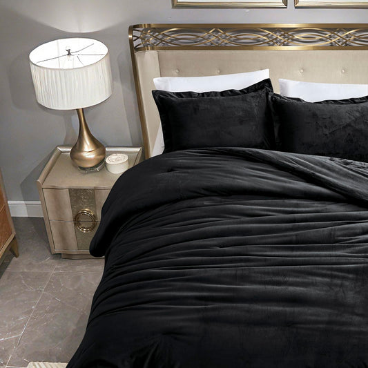 HUMESIIL Poly Plush Comforter Set, Poly Plush Fabric for Both Front and Reverse, with Downalternative Fill, 3 Pieces Queen 92"x96", Black