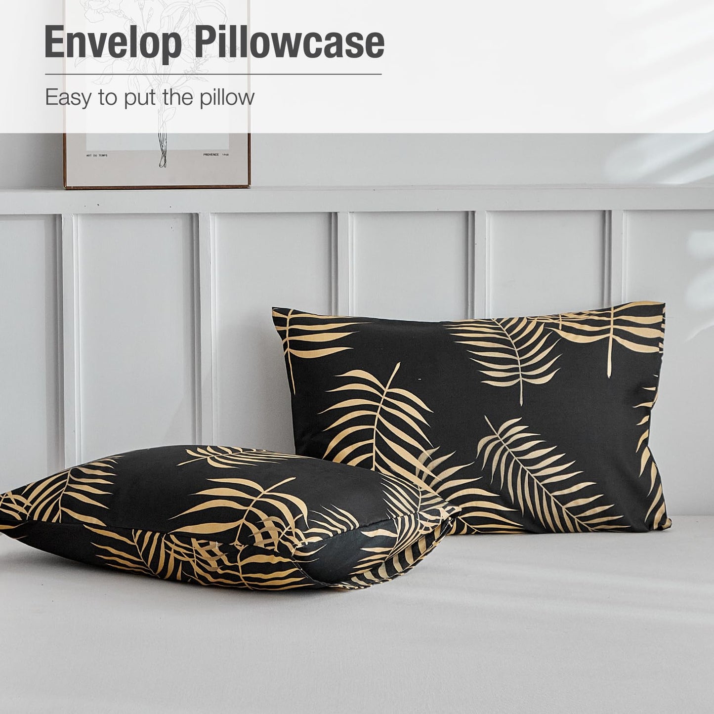 Lekesky Queen Duvet Cover Set, Black and Gold Tropical Palm Leaf Pattern Comforter Cover Queen Size, 3 Pieces Soft Microfiber Bedding Sets with Zipper & 2 Pillowcases, Comforter Not Included