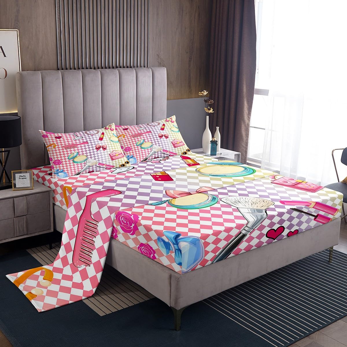 Erosebridal Cute Modern Fashion King Bed Sheets for Girls Women - Colorful Plaid Grid Checked Sheets Makeup Chic Trendy Flat Fitted Sheet Girly Coquette Fashion Bed Sets