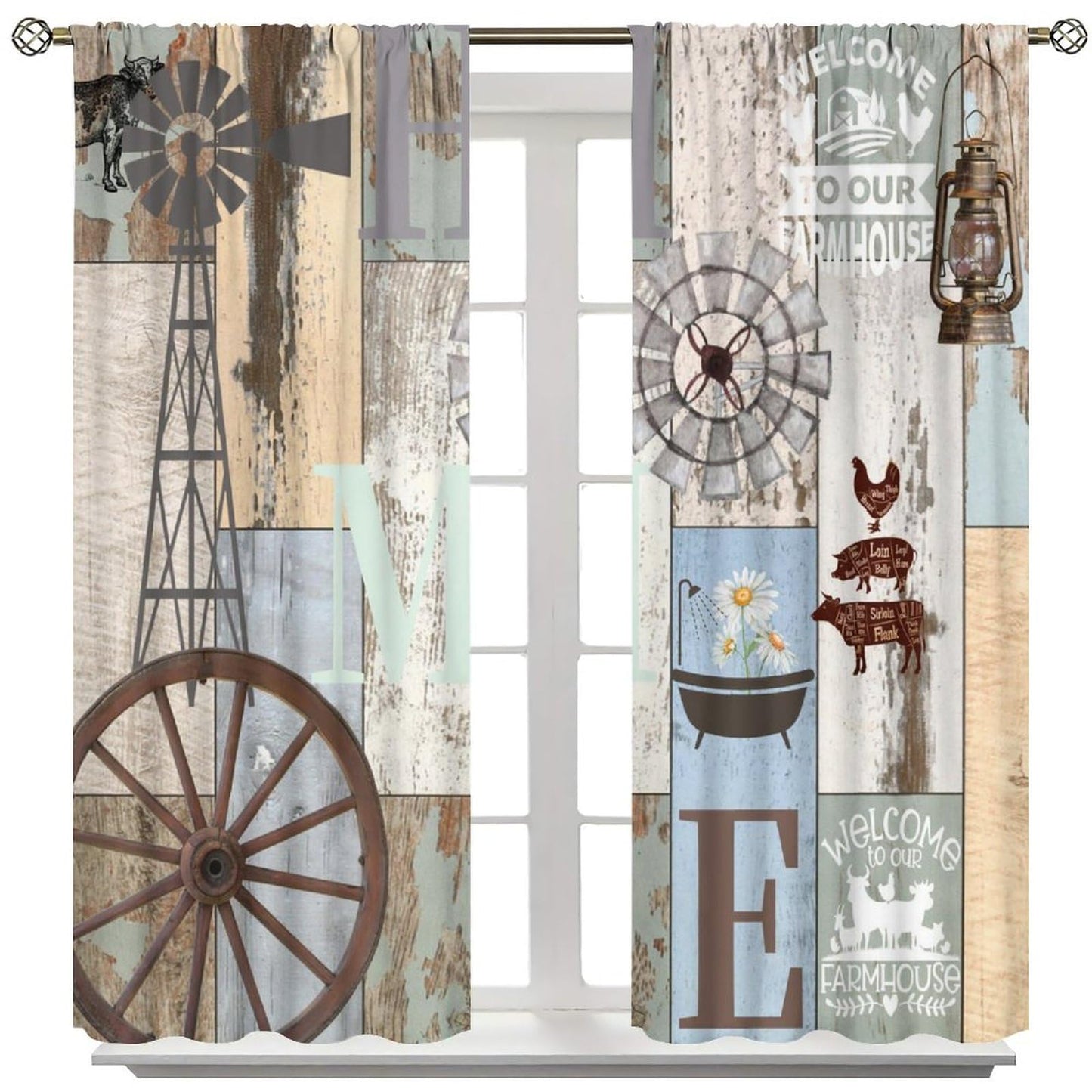 wlsgdsg Rustic Curtains,Retro Rustic Farmhouse Animal Barn Door Windmill Daisy Window Treatments Curtains Cafe Bedroom Office Dining Room Living Room Kitchen Drapes, 42x45 in