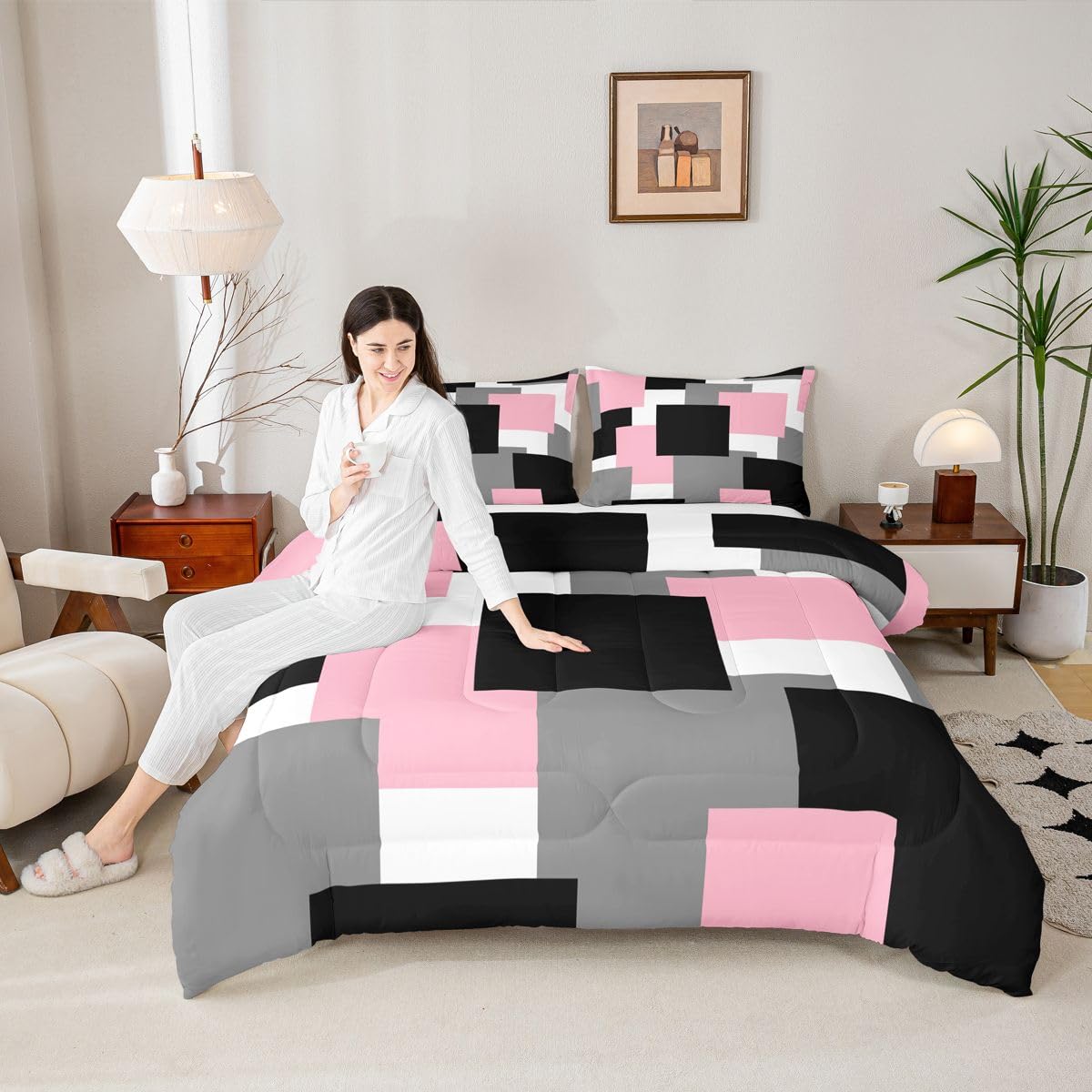 Castle Fairy Modern Abstract Art Kids Comforter Set Queen Size,Pink Grey Black Super Soft Microfiber Bedding Set for Adults Men,Geometric Grid Square Splicing Decorative Comforter Set,3 Pcs