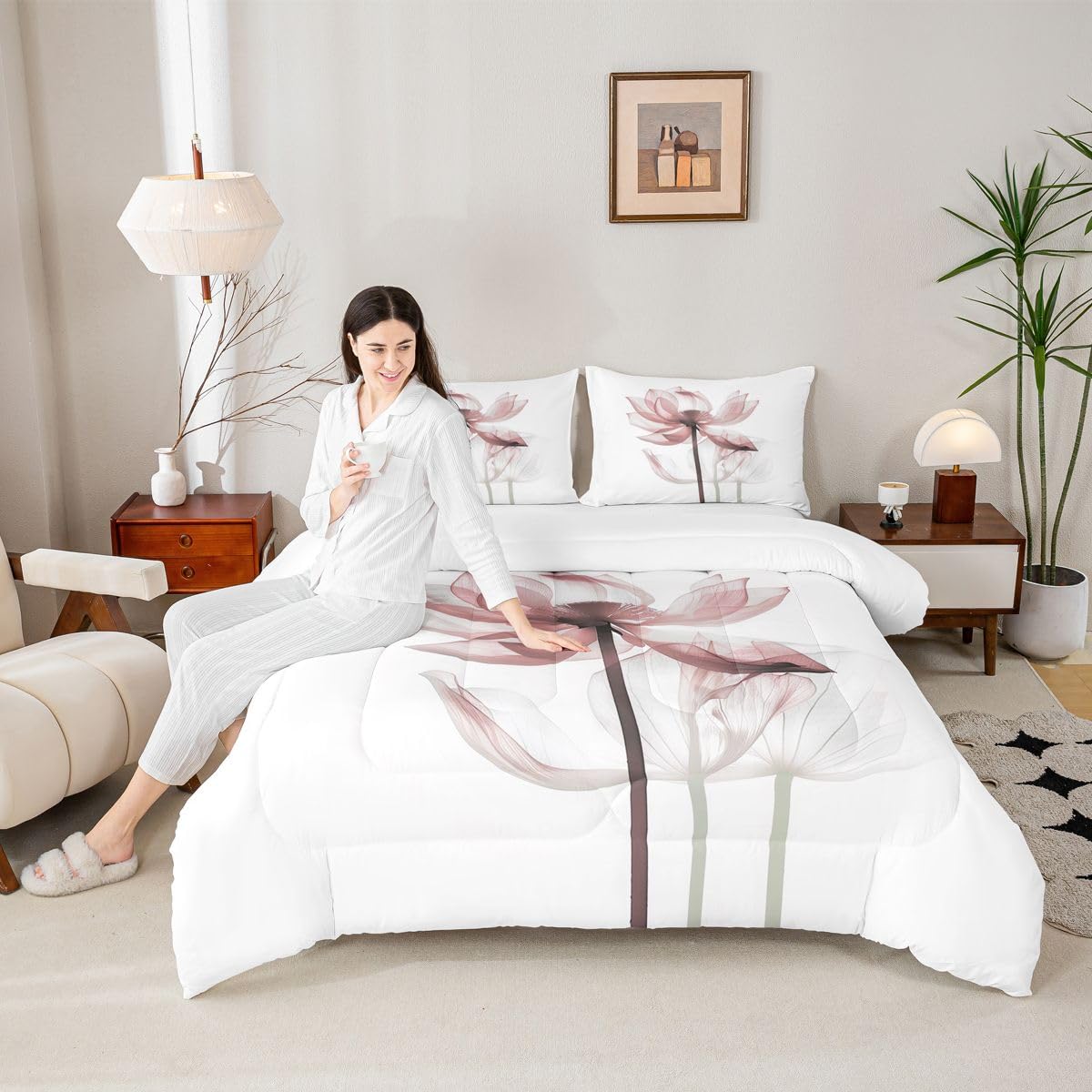 jejeloiu Abstract Floral Comforter Set All Season Modern Art Bedding Set with 1 Pillow Cases Pink Flower Microfiber Kids Toddler Bedclothes Bedroom Decor Duvet Quilt Breathable Soft Lightweight