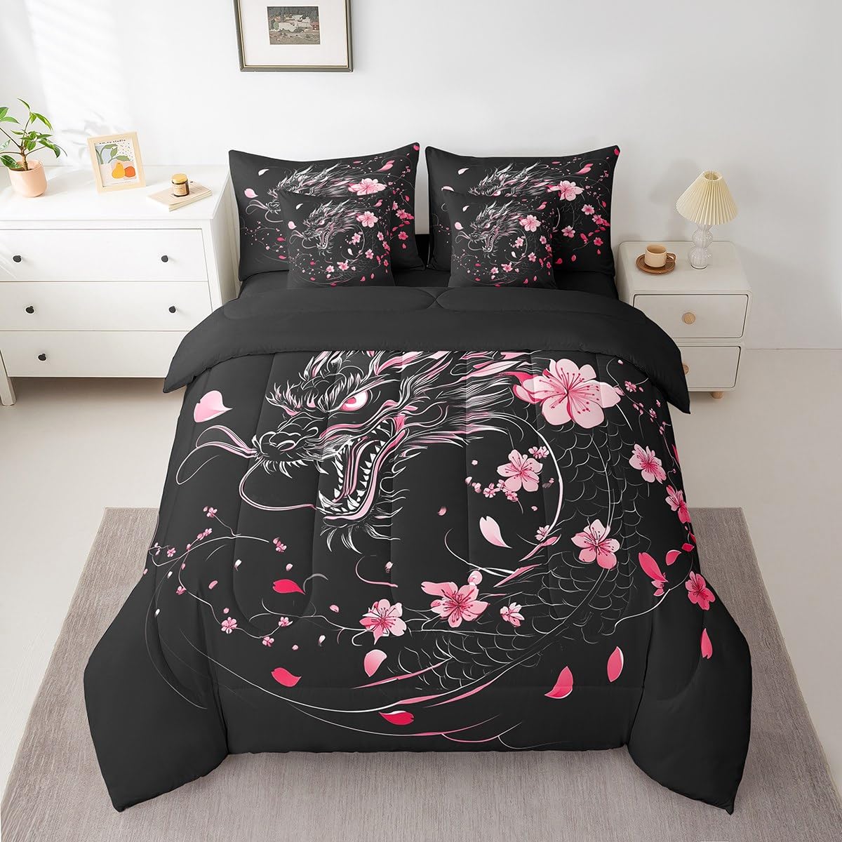 Erosebridal Sakura Dragon Bedding Set for Girls,Exotic Dragon King Comforter Set 7 Piece for Kids Boys Teen,Magical Animal Black Bed in A Bag Pink Cherry Blossom Japanese Style Bed Set