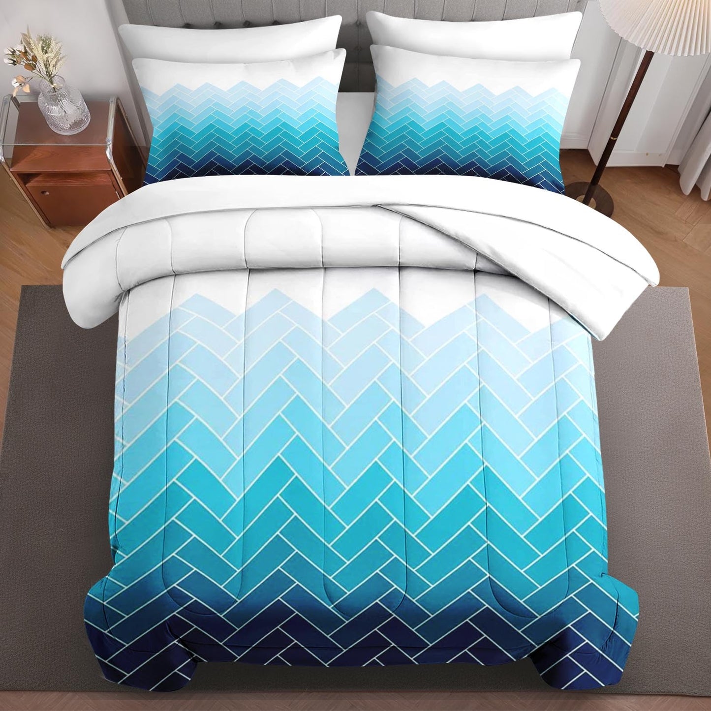 Boewywh Comforter Set Twin Size Geometric Blue Modern 7 Pcs, Bedding for Kids and Adults, Coastal Ocean Bed Sheet Sets with Fitted Sheet 2 Pillowcases & 2 Shams for Bedroom Bed Decor