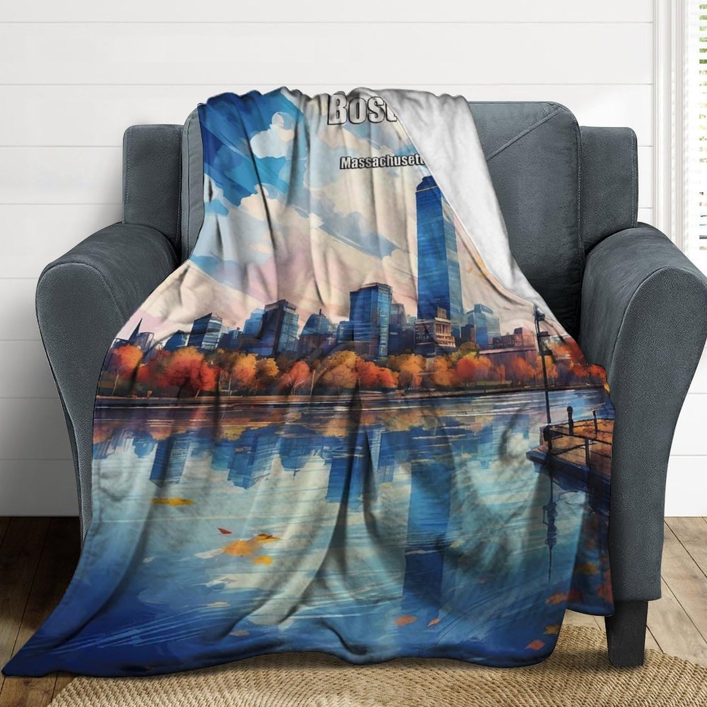 Boston Massachusetts City Skyline Landscape Abstract Blanket Soft Flannel Lightweight Blanket Outdoor Travel Carry Living Room Bedroom Sofa Decoration Gifts 60x80 Inch