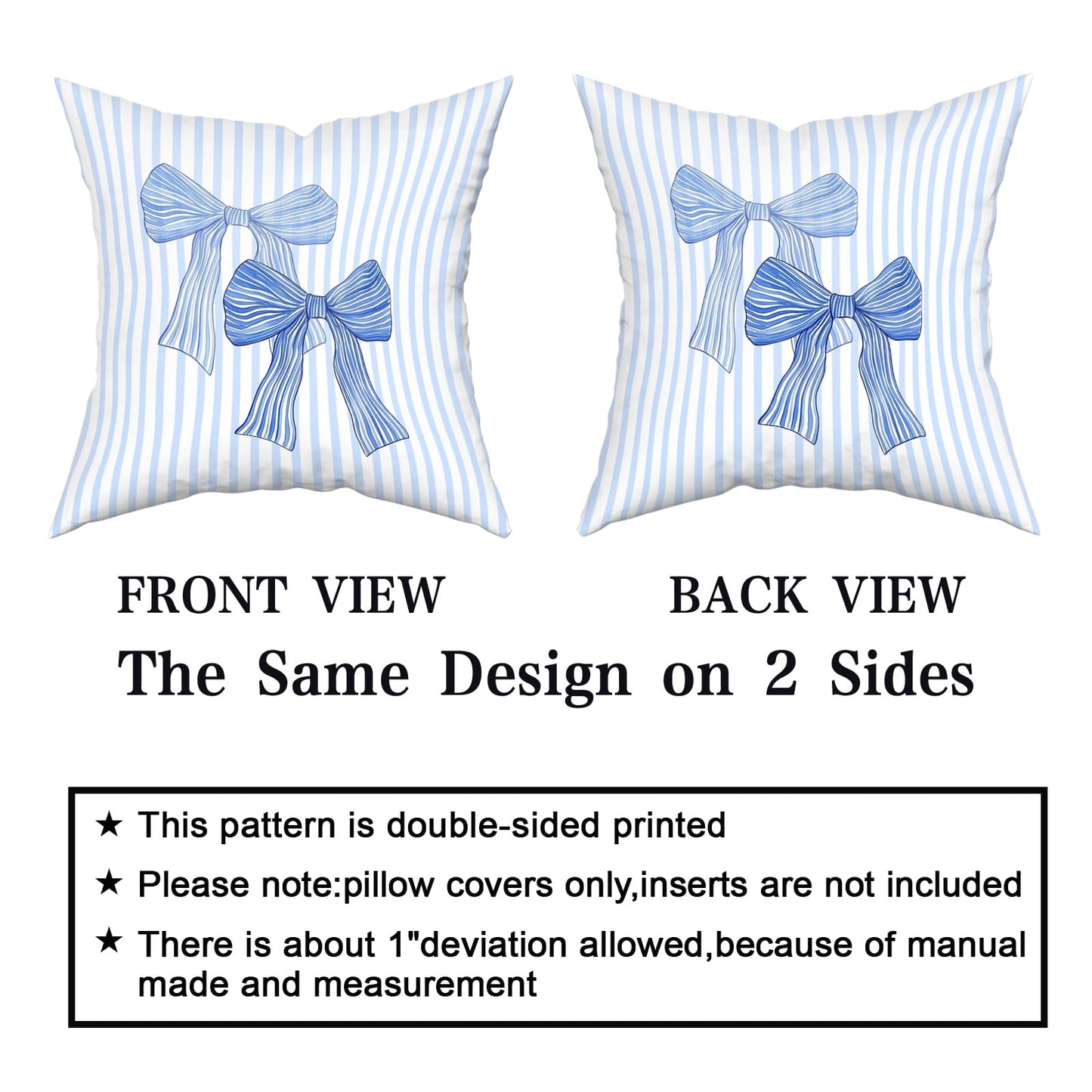 Giwawa Blue Bow Pillow Cover 18x18 Inch Set of 2 Light Blue and White Striped Throw Pillow Covers for Dorm Bedroom Decor, Double Sided Pattern