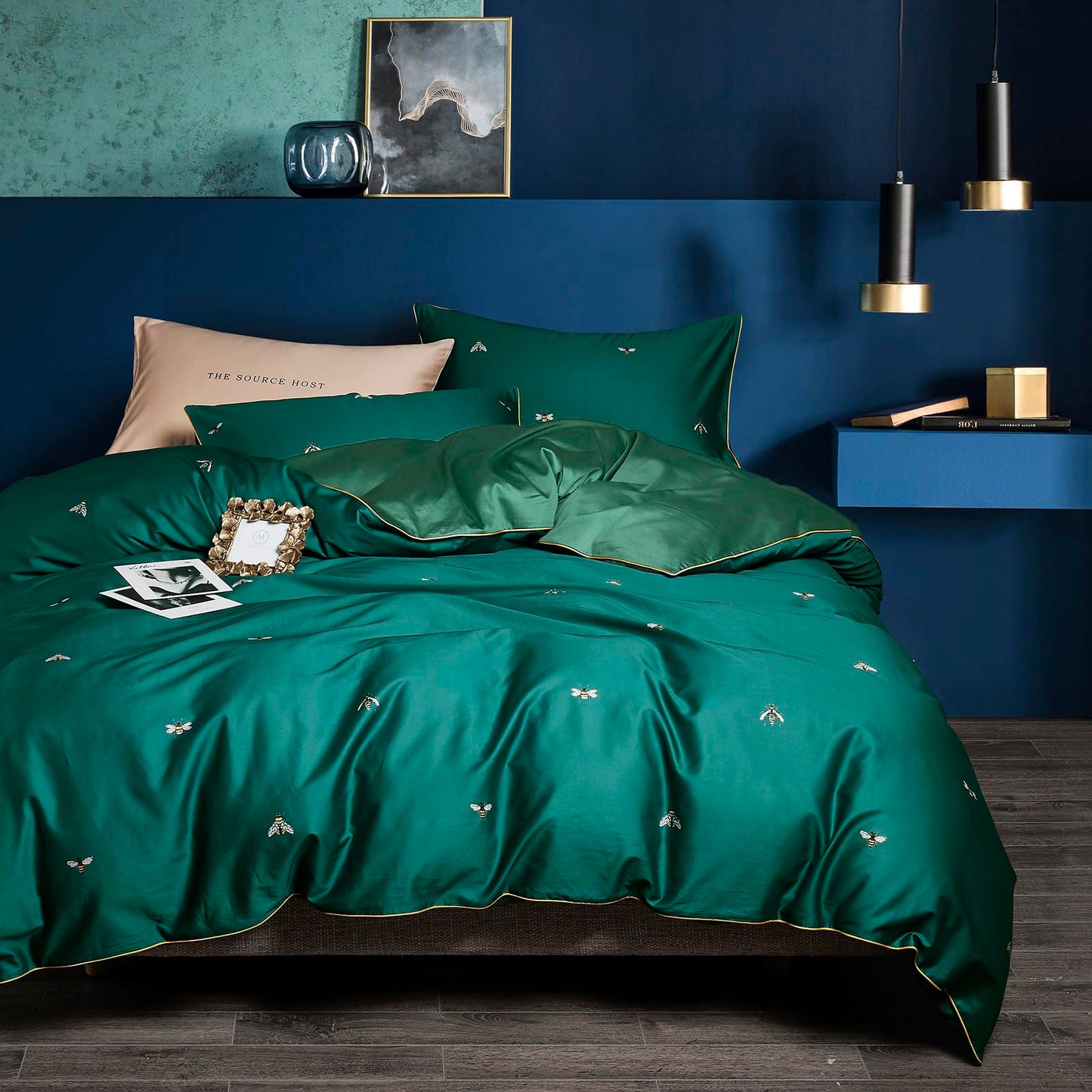 mixinni Dark Green Duvet Cover King Size, 100% Long Staple Cotton Honeybee Floral Pattern 3pc Bedding Duvet Cover Set with Zipper Ties 2 Pillowcases Perfect for Him and Her-King Size