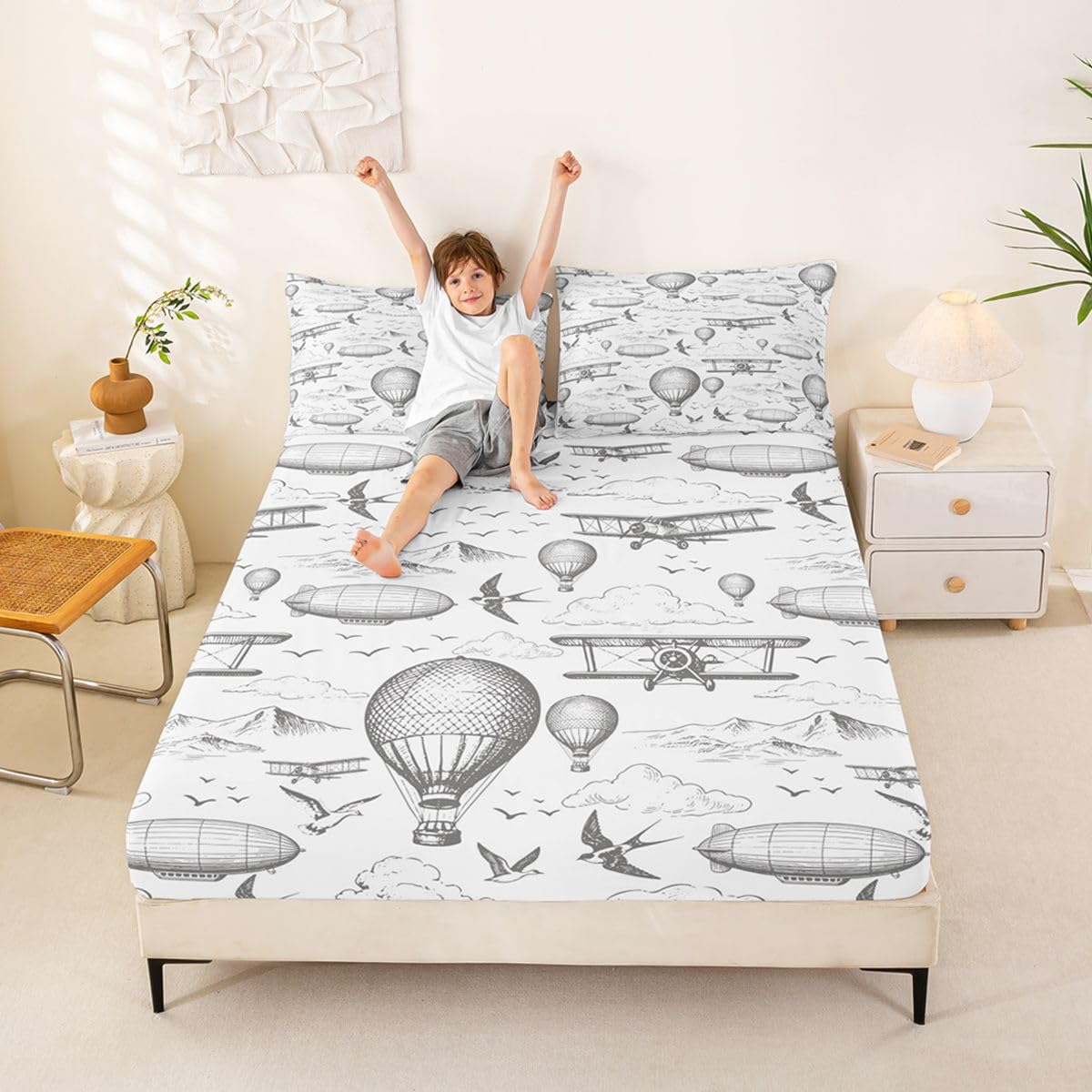 Airplane Hot Air Ballon Fitted Sheet Full Size (No Flat),Aircraft Bedding Set 3Pcs,Kids Boys Teens Room Decor,Sky Cloud Airship Bed Sheets Sketch Grey White Deep Pocket Sheet,2 Pillowcases