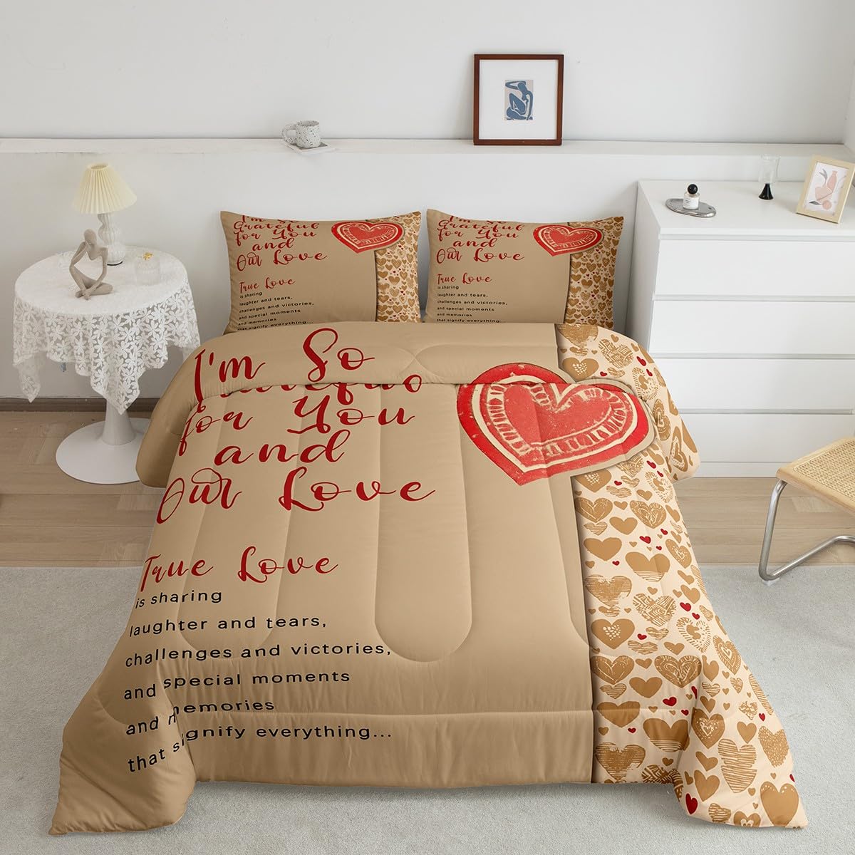 Erosebridal Valentine Gifts Comforter Set Queen for Couple,Romantic Motto Bedding for Women Men Adults,Cartoon Love Hearts Down Comforter,True Love Bedding Comforter Sets