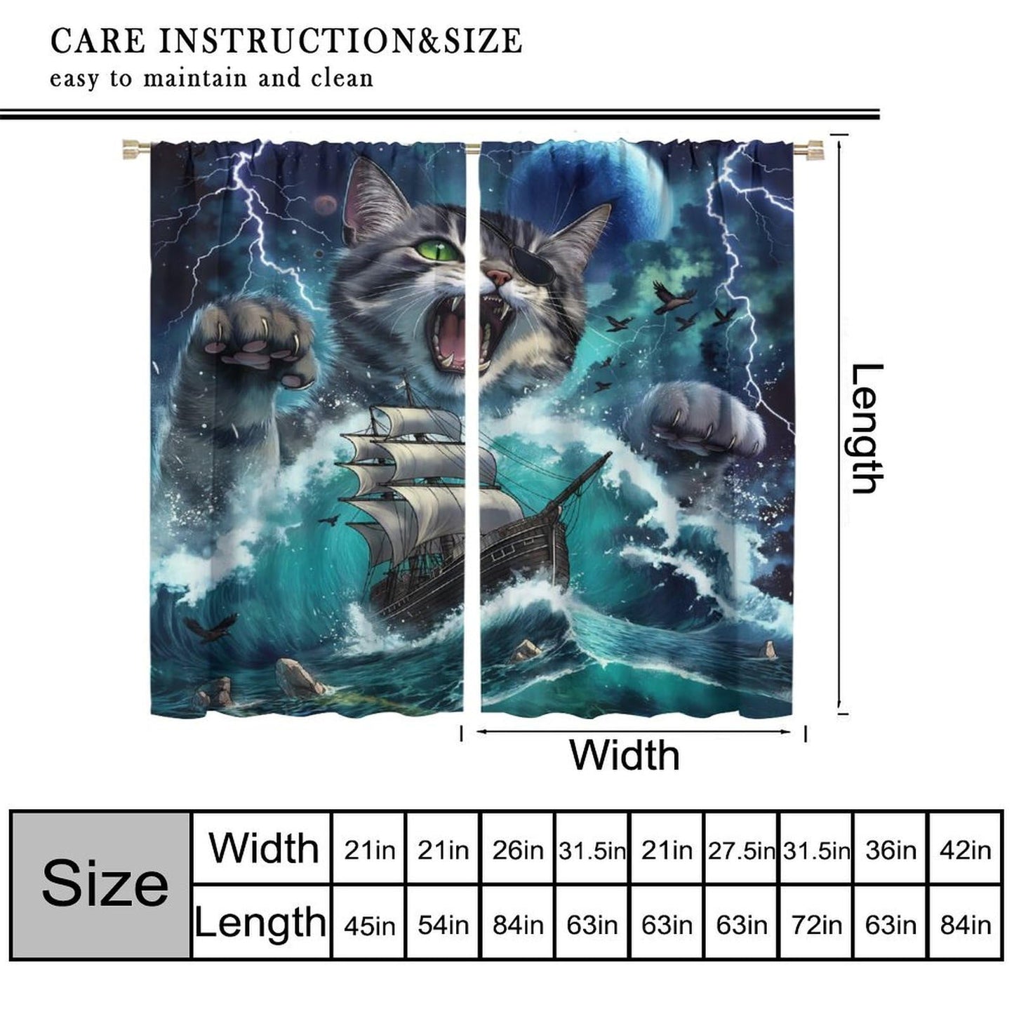 Pirate Cat Curtains for Kids Funny Pirate Ship Sea Ocean Waves Nautical Sailboat Moon Cool Animal Beach Seagull Cute Pattern Window Treatments For Boys Teen Bedroom Living Room 42x44.5In（No Blackout）