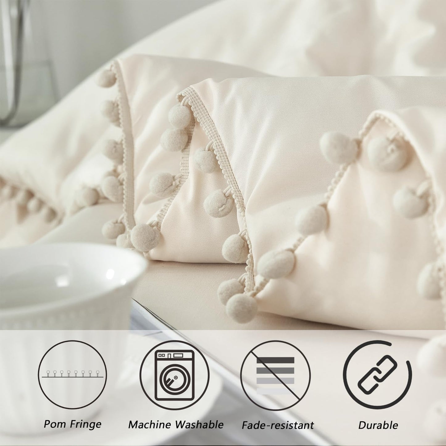 PERFEMET Girls Comforter Set Twin Size Beige Cream 5 Pieces Boho Pom Pom Bed in A Bag with Sheets Ultra Soft Lightweight Fluffy Beige Solid Bedding Set Matching 2 Pillowcases(Beige Cream, Twin)