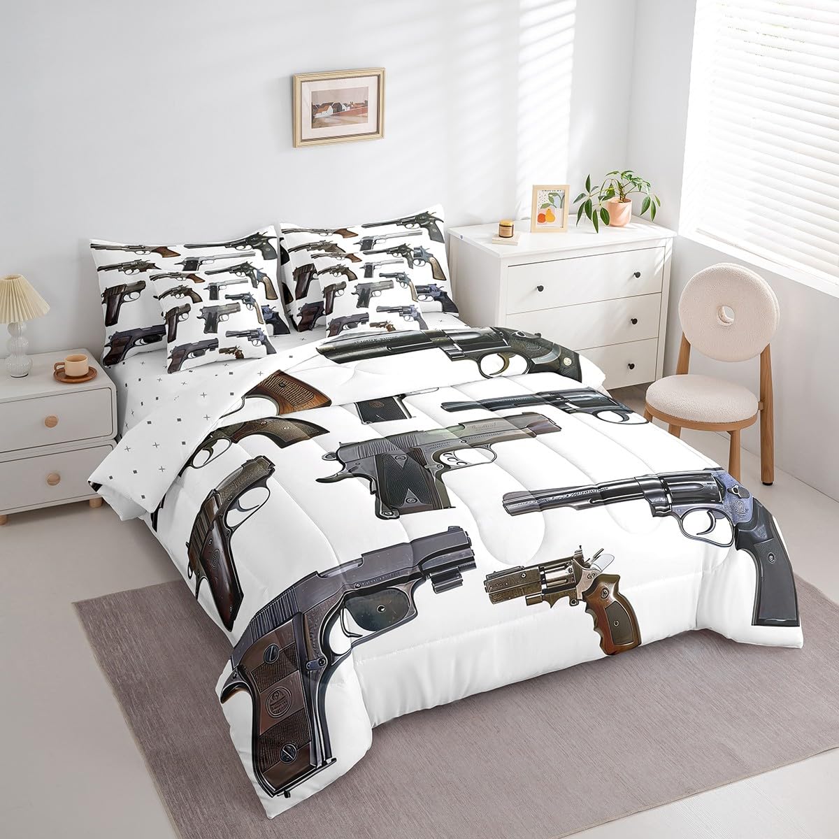 Erosebridal Guns 7 Piece Comforter Set Full Bed in a Bag,Firearms Bedding Sets Handgun Sheet Set with Comforter
