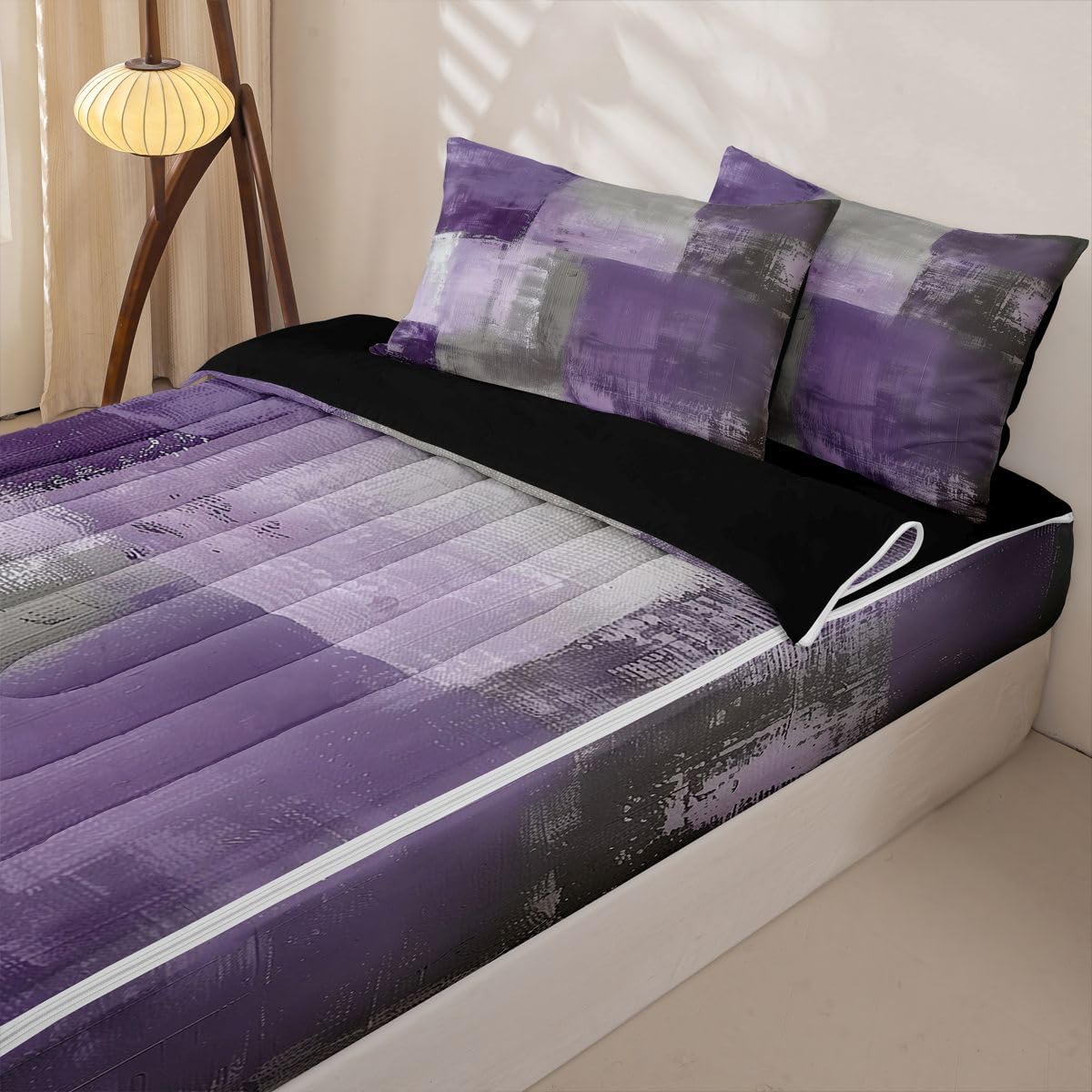 jejeloiu Abstract Zipper Bedding Twin Purple Gray Bedding Sets for Kids Boys Girls Modern Art Comforter Set with Fitted Sheet 2 Pillowcases One Zipper Bed Set for All Seasons