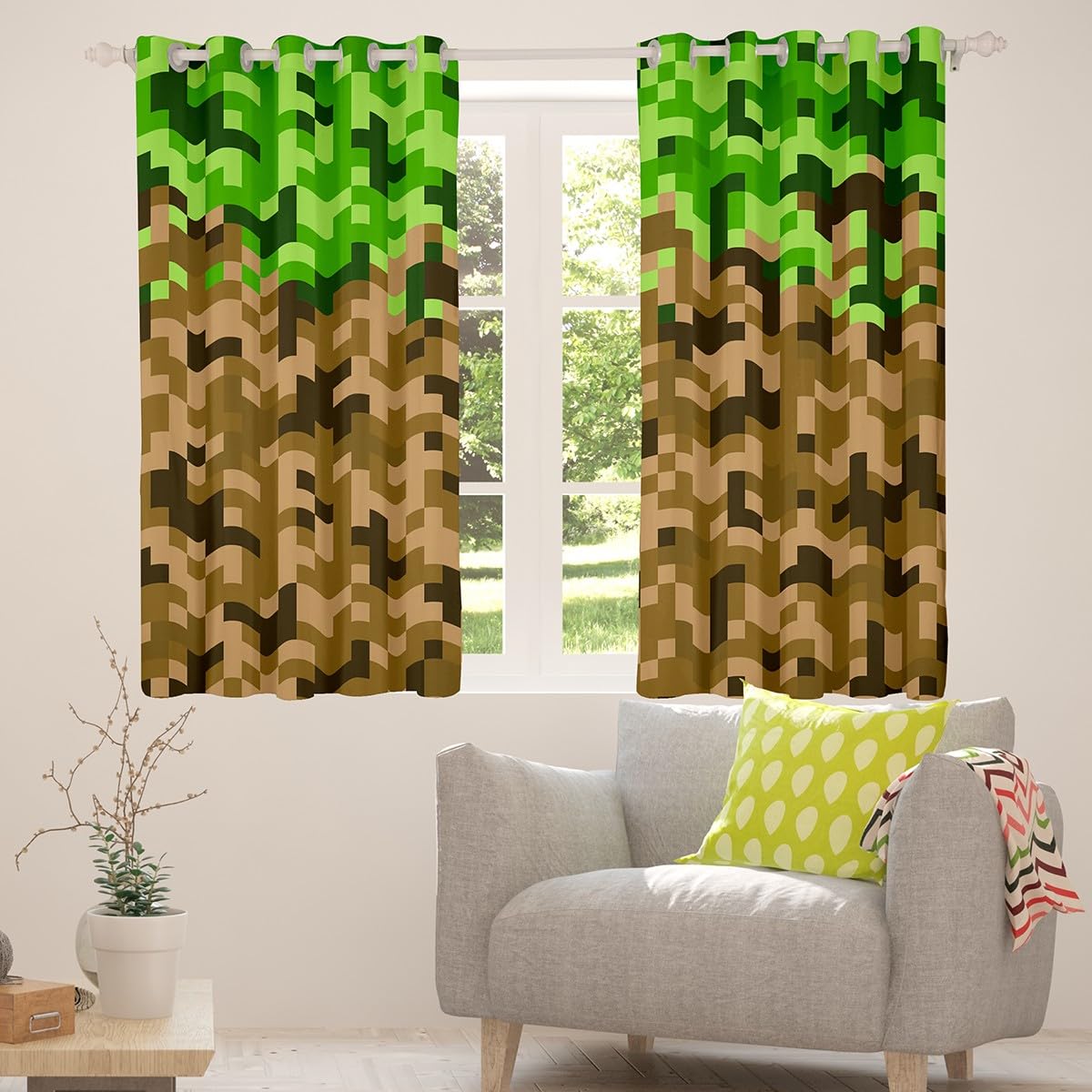 Miner Style Square Grid Window Curtain,Brown Green 100% Blackout Curtains for Kids Boys Teens Men Room Decor,Cartoon Gamepad Modern Window Treatment Curtain Pixelated Games Window Drapes,42Wx63L