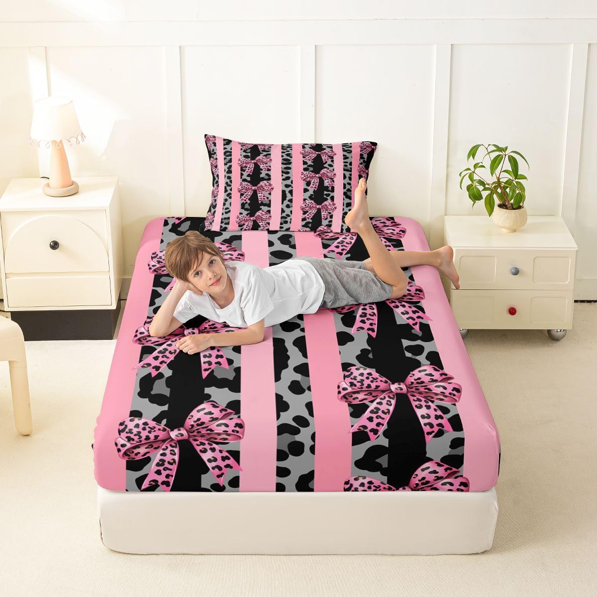 jejeloiu Black Leopard Bow Fitted Sheet Twin Size for Kids Boys Girls Striped Coquette Bow Bed Sheets Set 16" Deep Pocket Leopard Fur Print Bedding with 1 Pillowcase Room Decor
