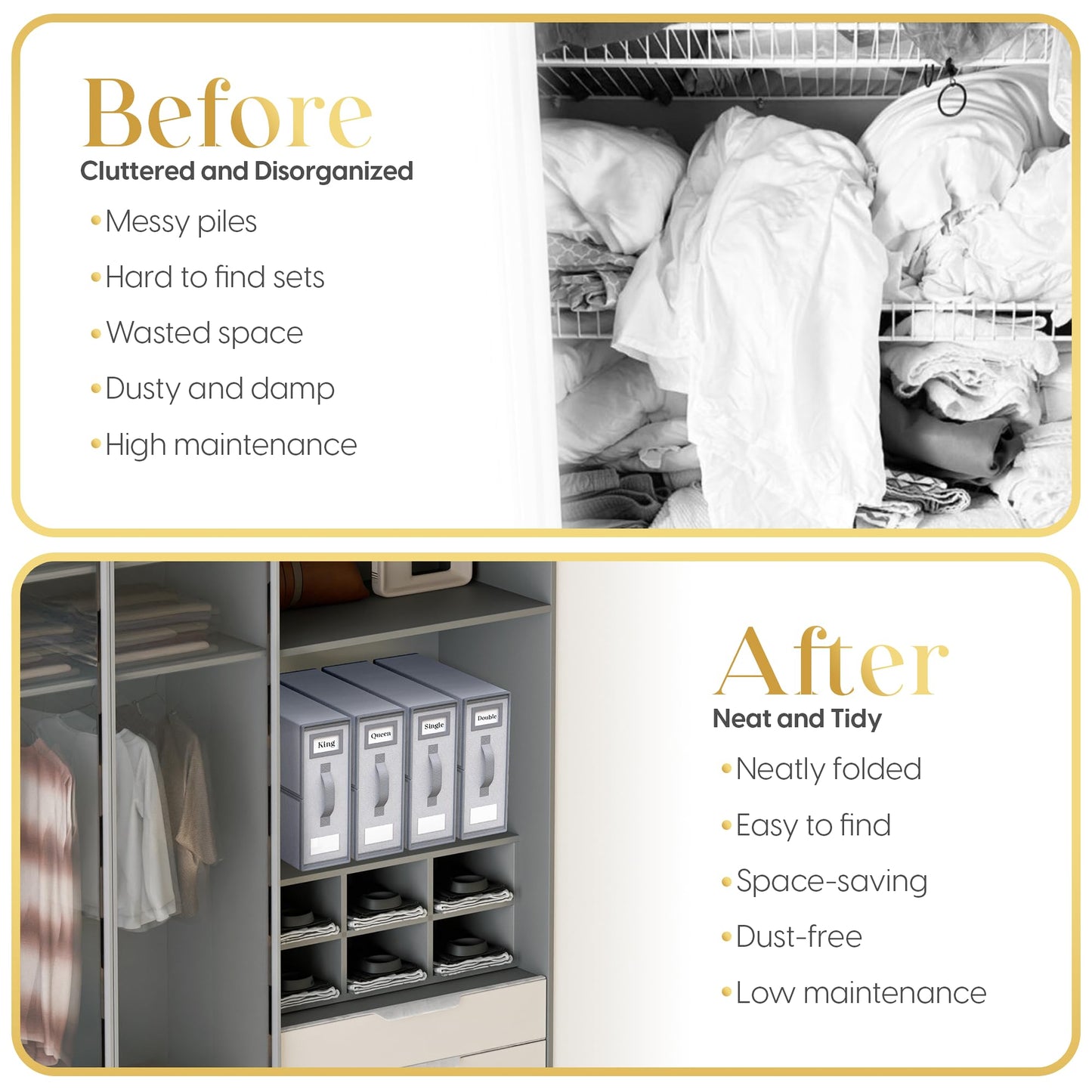 Luxury Lineup Sheet Organizers and Storage – 4 Pack Bed Sheet Organizer for Queen & King Size, Foldable Linen Closet Storage for Bedding, Duvet Covers, and Pillowcases