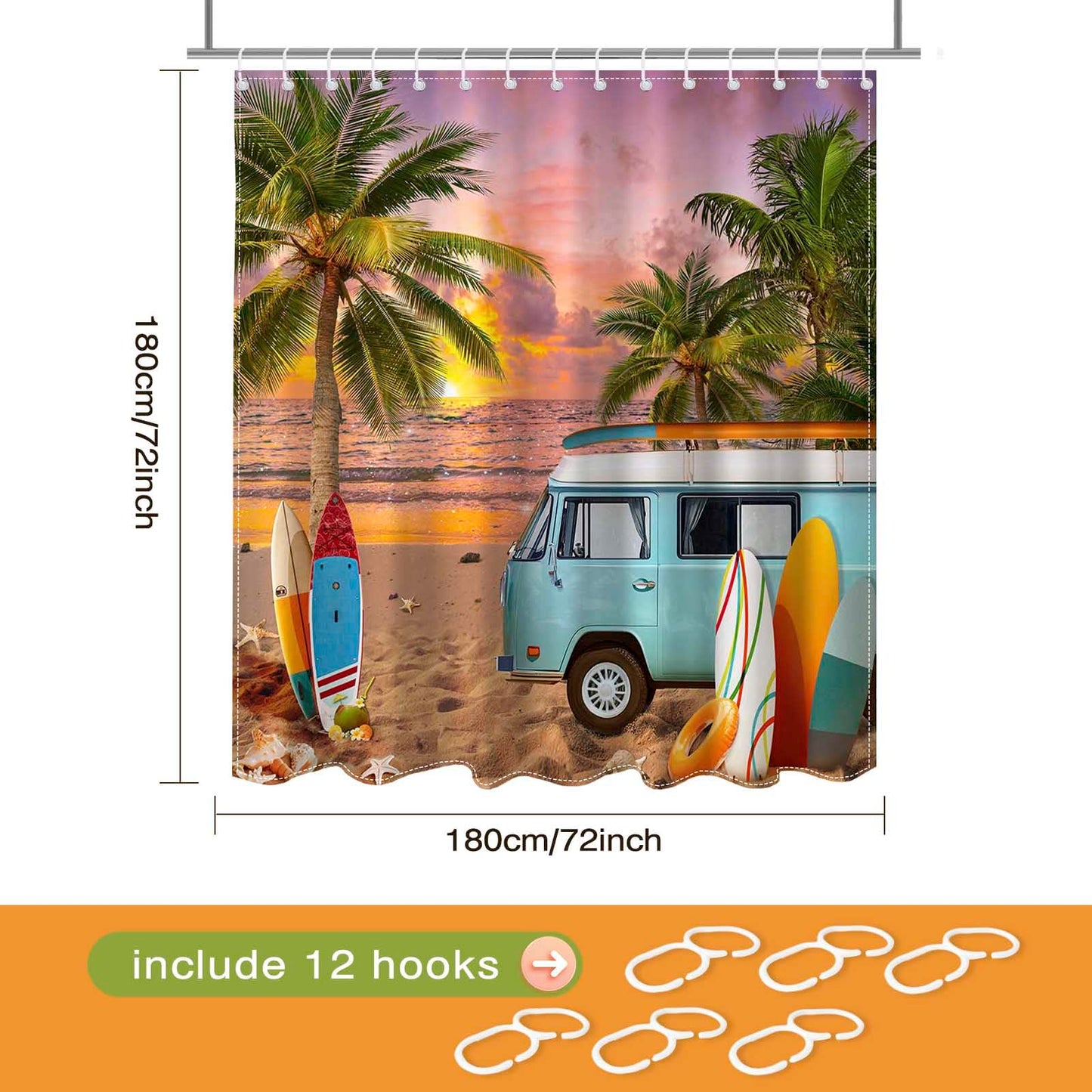 Tropical Beach Ocean Shower Curtain, Beach Palm Tree Summer Bathroom Decor Bath Curtain, Waterproof Hawaii Coastal Surfboard Tour Bus Bath Curtain, 72 X 72 Inch (Orange, 72"W x 72"L (Pack of 1))